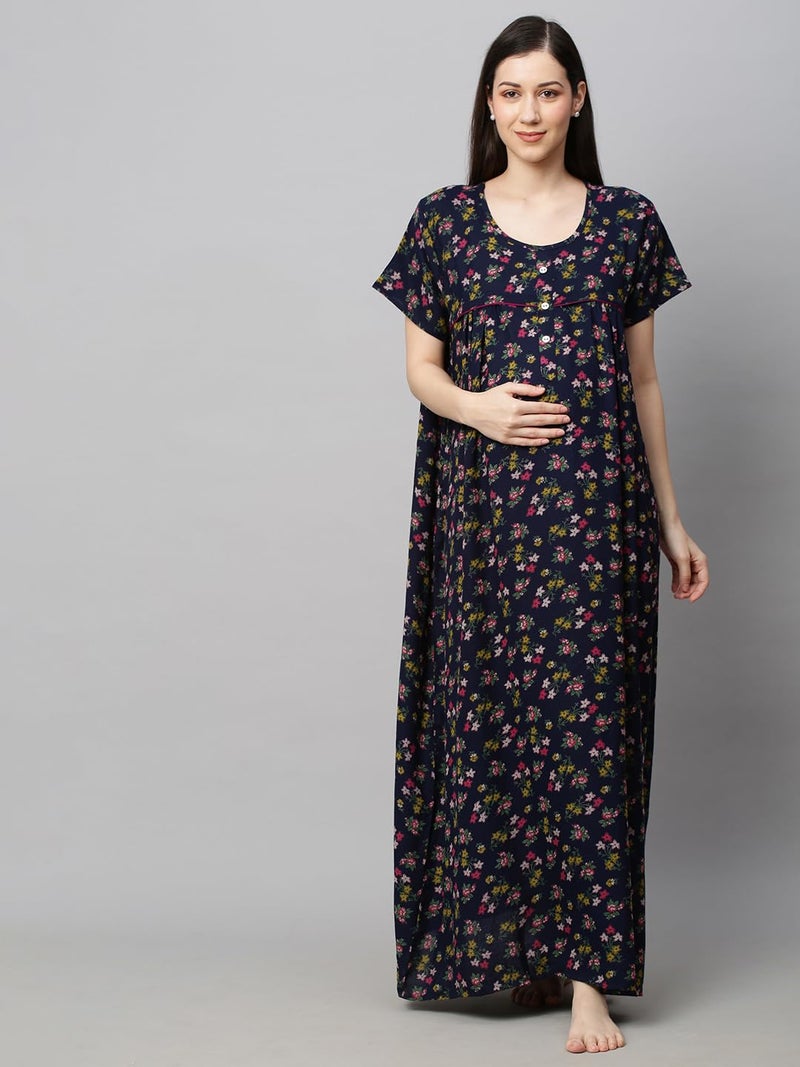 MomToBe Women's Blended Floral Maxi Maternity/Feeding Nighty (2003mtbnblflrfn-Free, Oxford Blue, Free Size) - Image 2