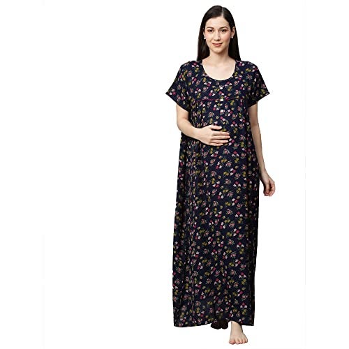 MomToBe Women's Blended Floral Maxi Maternity/Feeding Nighty (2003mtbnblflrfn-Free, Oxford Blue, Free Size) - Image 1