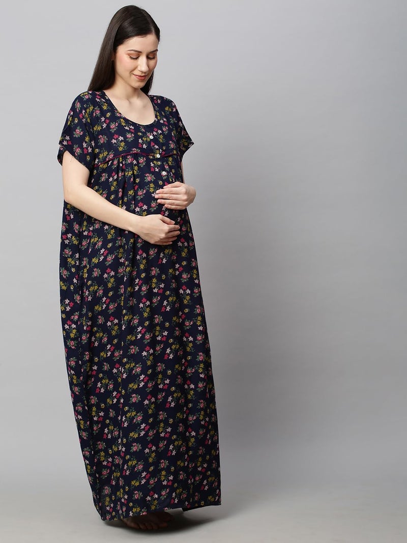 MomToBe Women's Blended Floral Maxi Maternity/Feeding Nighty (2003mtbnblflrfn-Free, Oxford Blue, Free Size) - Image 3