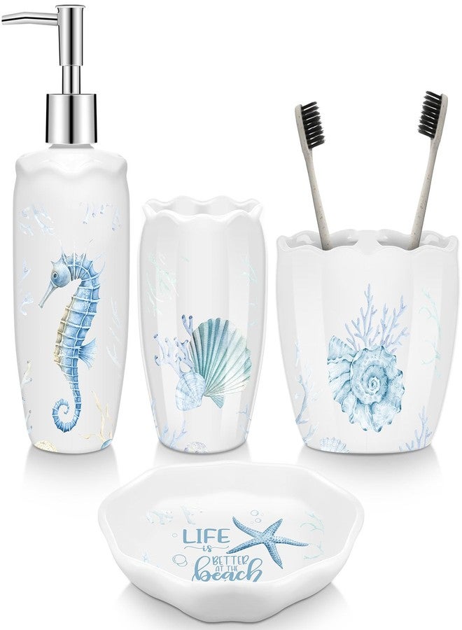 Vesici 4 Pcs Beach Bathroom Accessories, Ocean Animals Bathroom Decor, Under the Sea Tumbler, Soap Dispenser, Toothbrush Holder, Starfish Soap Dish for Ocean Beach Theme Decoration - Image 1