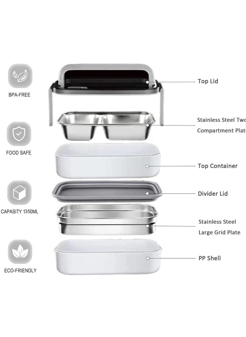 MahMir - Stainless Steel Lunch Box - Insulated Bento Box Multifunctional-Containers Lunch Box Containers with 2 Compartments & Tableware(304 stainless steel 2 compartments lunch box by MahMir (White) - Image 1