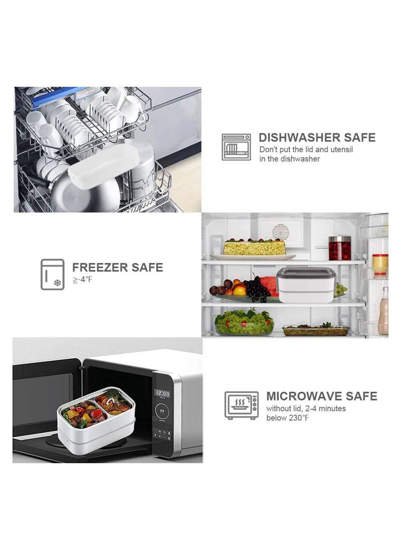 MahMir - Stainless Steel Lunch Box - Insulated Bento Box Multifunctional-Containers Lunch Box Containers with 2 Compartments & Tableware(304 stainless steel 2 compartments lunch box by MahMir (White) - Image 1
