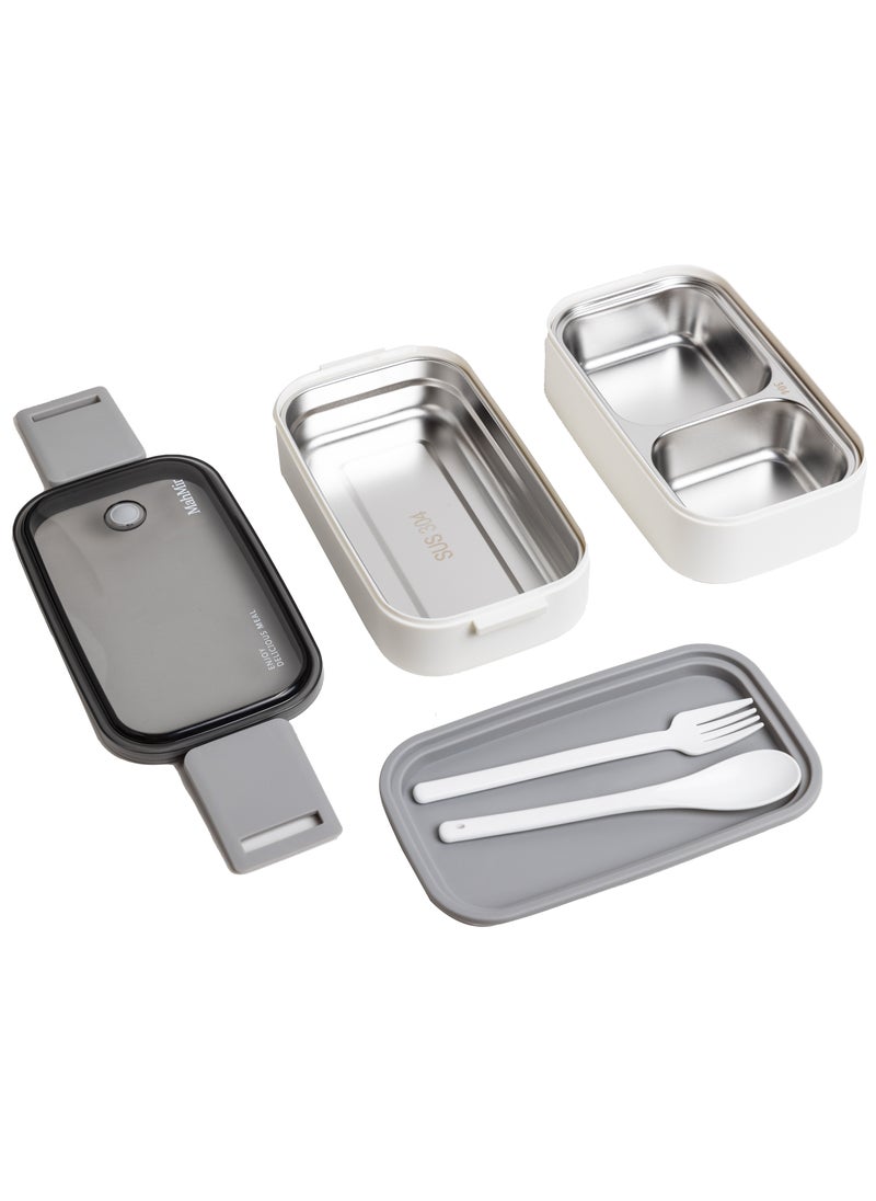 MahMir - Stainless Steel Lunch Box - Insulated Bento Box Multifunctional-Containers Lunch Box Containers with 2 Compartments & Tableware(304 stainless steel 2 compartments lunch box by MahMir (White) - Image 1