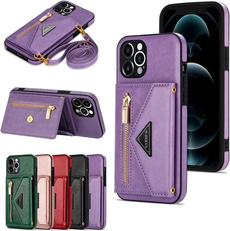 woobles Triangle Crossbody Zipper Wallet Card Leather Case Suitable for iPhone 11/12/13 Pro Max + Free Lanyard (Purple,for iPhone13Pro) Purple for iPhone13Pro - Image 1