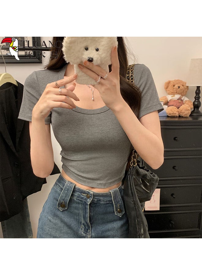 WOODPECKER Wood Women's Solid Color Simple U-neck Short Sleeve T-shirt Short Summer Hot Girl Versatile Exposed Navel Half Sleeve Top White S - Image 3