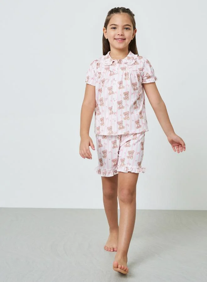 Styli Girls Printed Button Front Top and Shorts Set