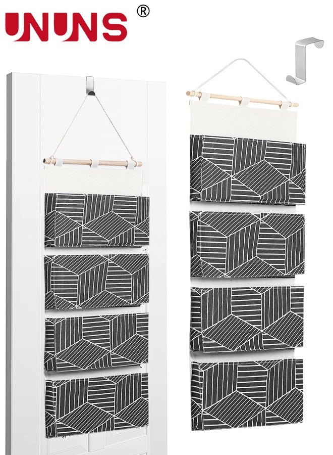 UNUNS Over Door Hanging Storage Bags,Wall Mount Closet Organizer,4 Big Pockets Linen Cotton Fabric Hanging Shelves,Multi-Functional Organizer For Living Room Bedroom Bathroom File Magazine,Black 80x30cm - Image 1