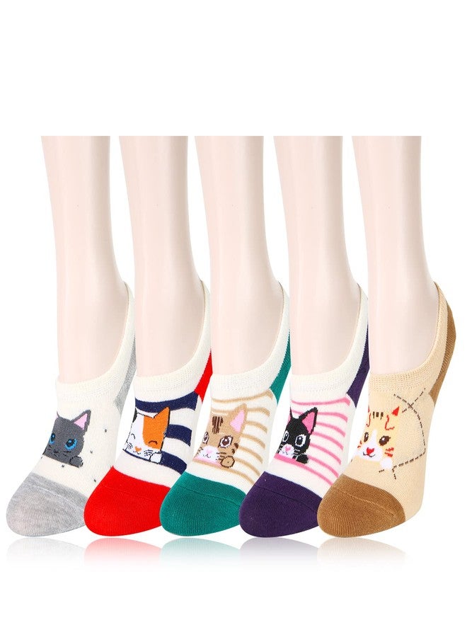 Benefeet Sox Girl Silly Cute Fun No Show Socks Women Non-Slip Cartoon Animal Liner 5 Pack,Cat - Image 1
