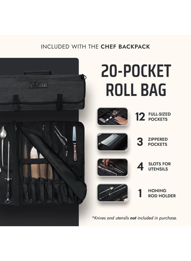 Asaya Chef Knife Backpack with 20 Pocket Knife Roll Bag - Over 30 Pockets for Knives and Kitchen Utensils - Stain Resistant Waxed Nylon - Padded for Extra Protection - Knives Not Included - Image 3