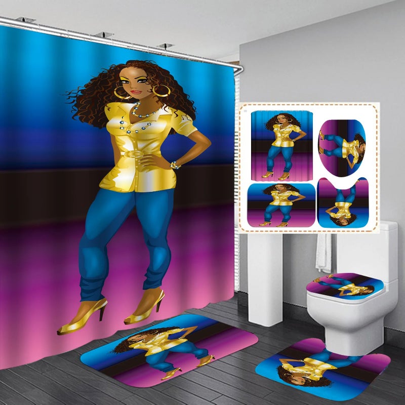 Y&D New 3D Print Black Women Art African American Style Bathroom Sets, Shower Curtain Set 4 Pcs - Image 1
