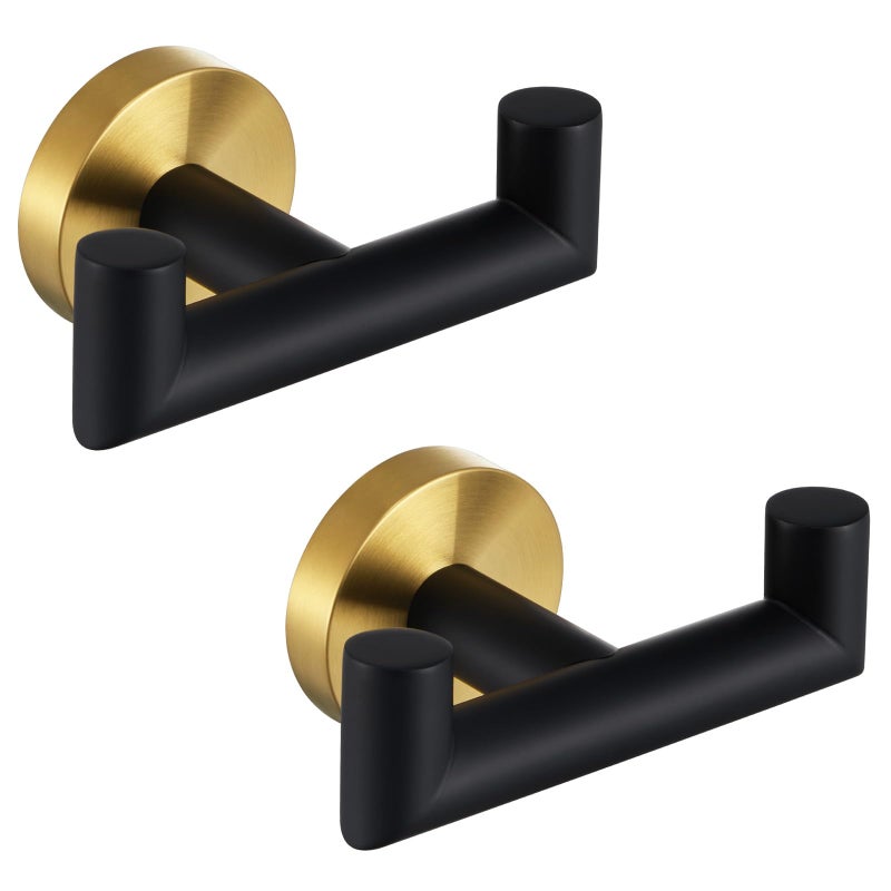 Angle Simple Towel Double Hook Black Gold 2 PCS Stainless Steel Bathroom Towel Holder Dual Robe Coat Hook for Wall