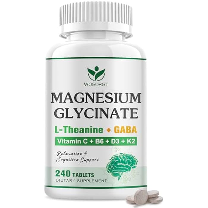 WOGORGT Magnesium Glycinate and L-Theanine Supplement - Relaxation & Cognition Support - 400mg Magnesium Supplement with L-Theanine, GABA, Chamomile, B6, D3 & K2 for Adults & Teens, Vegan - 240 Tablets - Image 1
