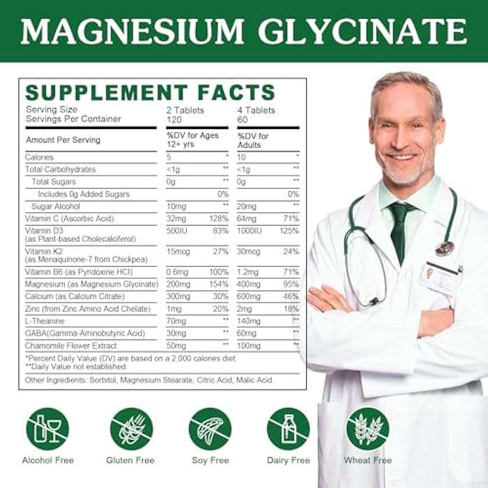 WOGORGT Magnesium Glycinate and L-Theanine Supplement - Relaxation & Cognition Support - 400mg Magnesium Supplement with L-Theanine, GABA, Chamomile, B6, D3 & K2 for Adults & Teens, Vegan - 240 Tablets - Image 2