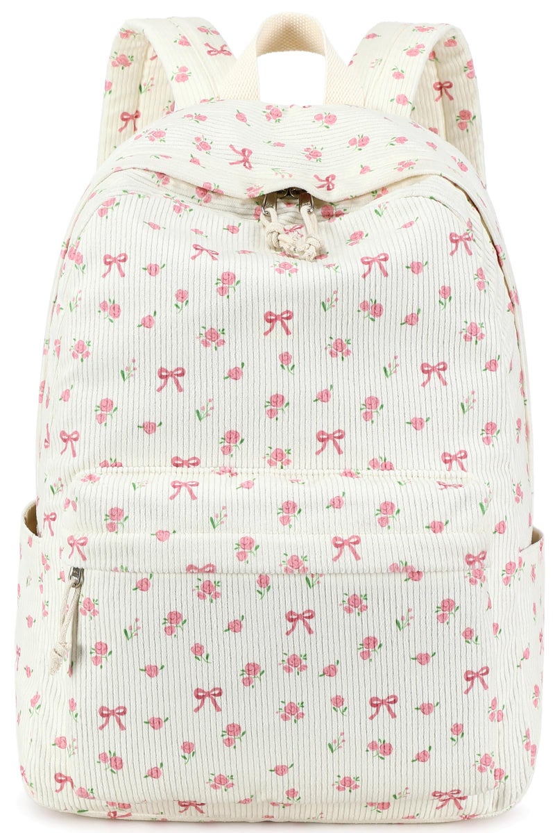 BTOOP School Backpack for Girls Teens Large Corduroy Bookbag Lightweight 15.6 inch Laptop Bag for Women Casual High School College (Pink Bow Floral) - Image 1