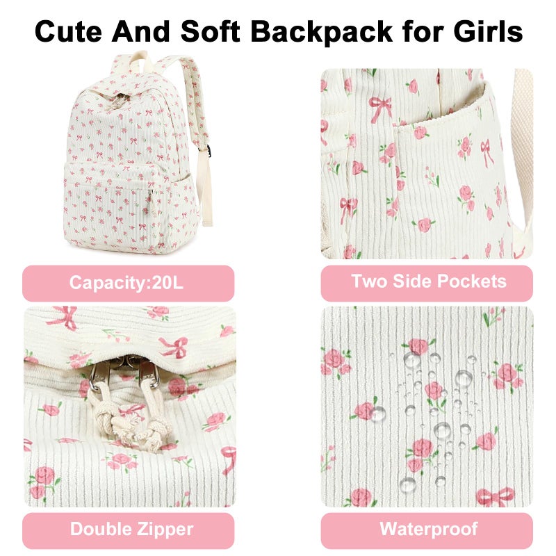 BTOOP School Backpack for Girls Teens Large Corduroy Bookbag Lightweight 15.6 inch Laptop Bag for Women Casual High School College (Pink Bow Floral) - Image 5