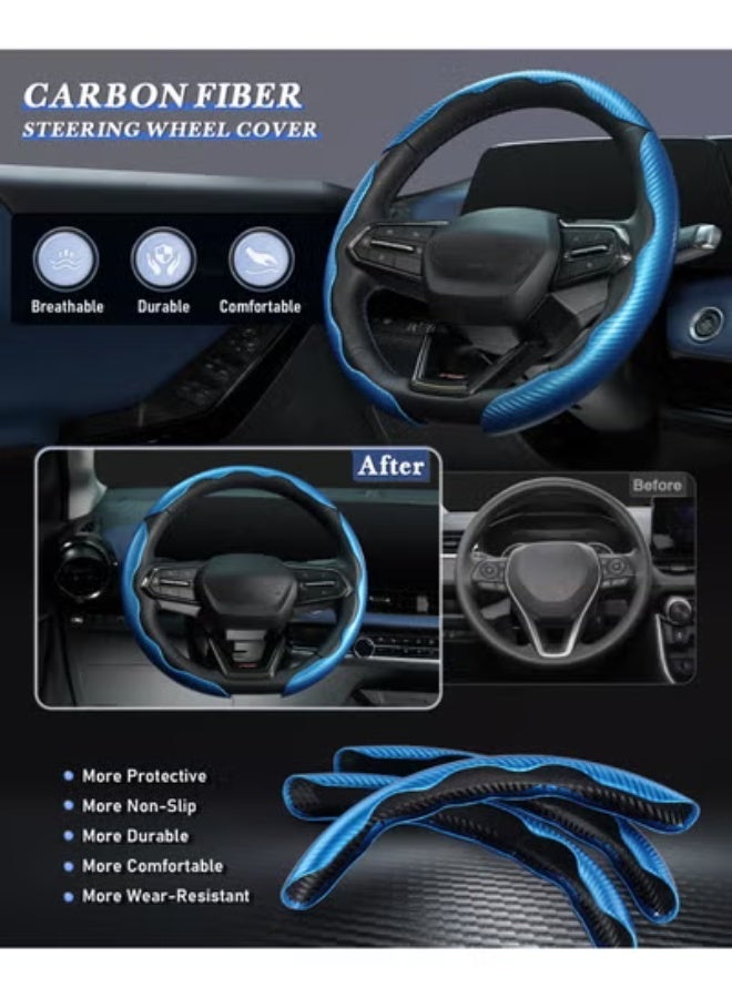 COYO 3pcs Carbon Fiber Anti-Skid Steering Wheel Cover, Segmented & Butterfly Design, Universal 99% Car Wheel Cover Protector, Blue - Image 4