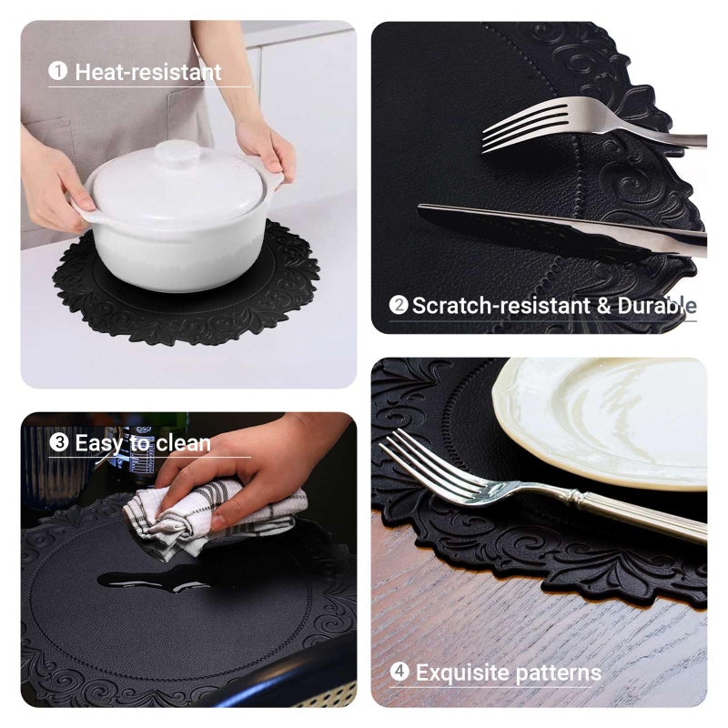 Noctiflorous Round Faux Leather 15 Inch Placemats Set of 6 Waterproof Wipeable Heat Resistant Tablemat for Dining Table Kitchen Non Slip Washable Oilproof Table Place Mat for Indoor Outdoor(Black, 6) - Image 3