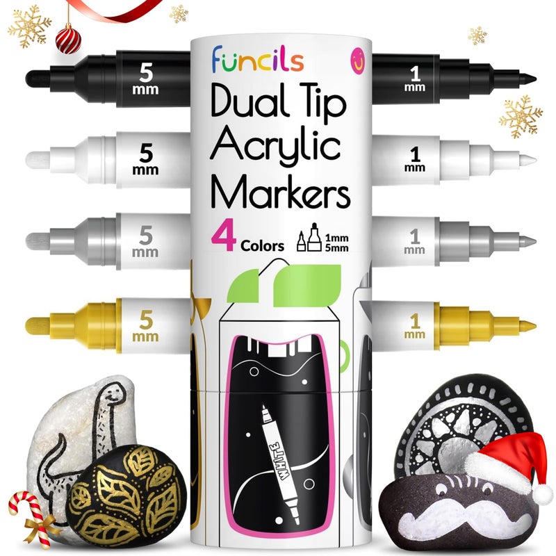 Funcils 4 Dual Tip Acrylic Paint Pens - Fine Tip & Medium, Permanent & Waterproof - Acrylic Paint Markers for Rock Painting, Canvas, Wood, Ceramic, Glass, Fabric, Metal - White, Black, Gold & Silver - Image 1