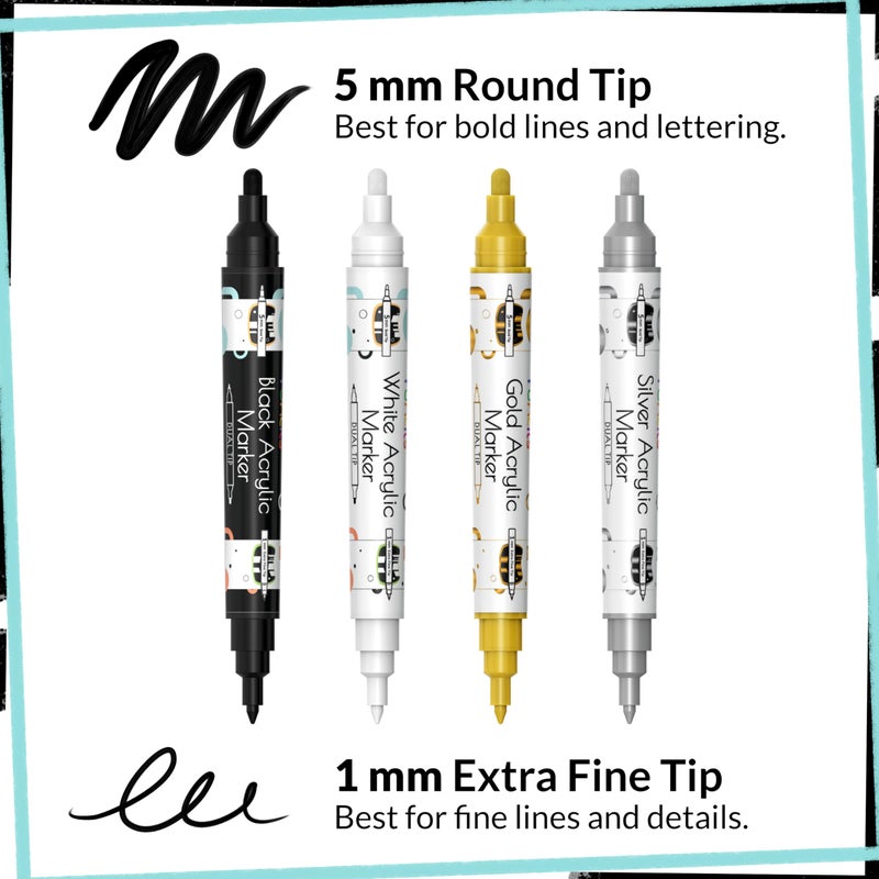 Funcils 4 Dual Tip Acrylic Paint Pens - Fine Tip & Medium, Permanent & Waterproof - Acrylic Paint Markers for Rock Painting, Canvas, Wood, Ceramic, Glass, Fabric, Metal - White, Black, Gold & Silver - Image 2