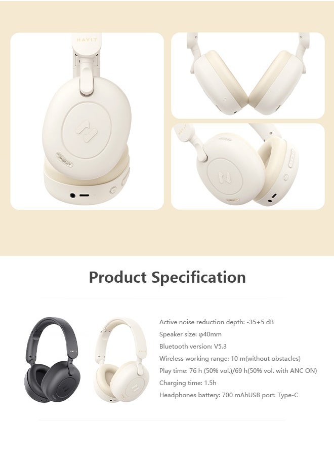 havit - Headphones Bluetooth Wireless V5.3 Headset Over-Ear Hybrid ANC Low Latency Game Mode Support Wired/Wireless - Image 1