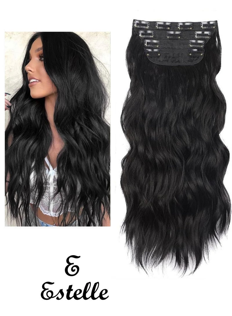 إستيل وصلات شعر بمشبك للنساء، قطع شعر من الألياف بمشبك سميك على وصلات شعر بلاستيكية مع مشابك غير مرئية للسيدات، 4 قطع باللون الأسود الطبيعي - Image 1