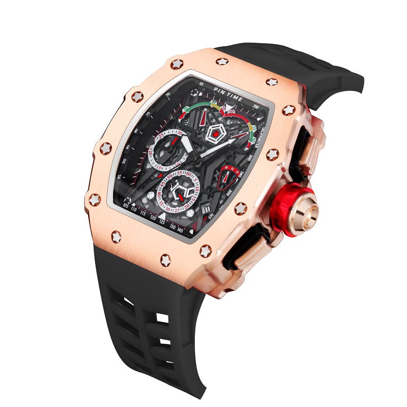 PINTIME Fashion Mens Tonneau Watch Hollow Punk Chronograph Sports Wristwatch Luxury Designer Mens Quartz Silicone Watches - Image 2