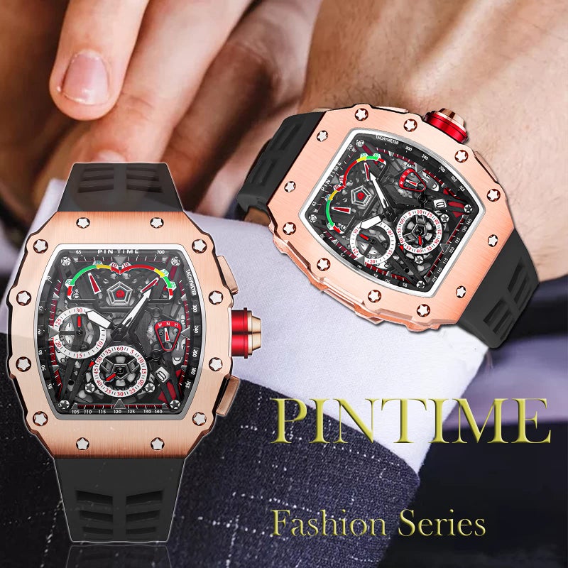 PINTIME Fashion Mens Tonneau Watch Hollow Punk Chronograph Sports Wristwatch Luxury Designer Mens Quartz Silicone Watches - Image 3