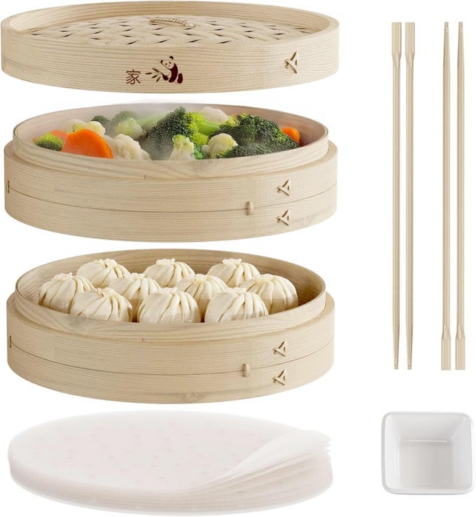 BAMBOO STEAMER BASKET 12INCH 2TIER STEAMER FOR COOKING 50 LINERS CHOPSTICKS SAUCE DISH STEAMING ASIAN FOOD BAO BUNS CHINESE DIM SUM DUMPLING RICE VEGETABLE STEAM POT