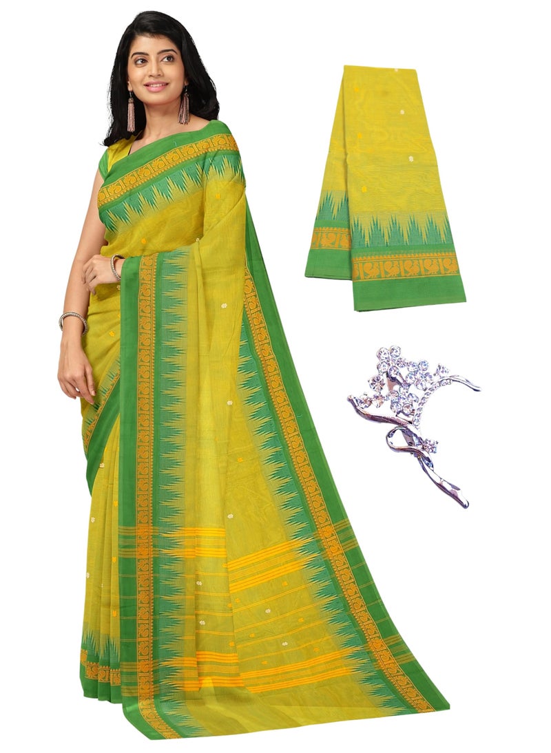 NandaVanam Women's Chettinad Cotton Saree with Blouse | Chettinad Cotton Sarees with Peacock Border | Soft, Comfort, Chettinad Pure Cotton Sarees | Handloom Sarees for Women (Greencross) - Image 1