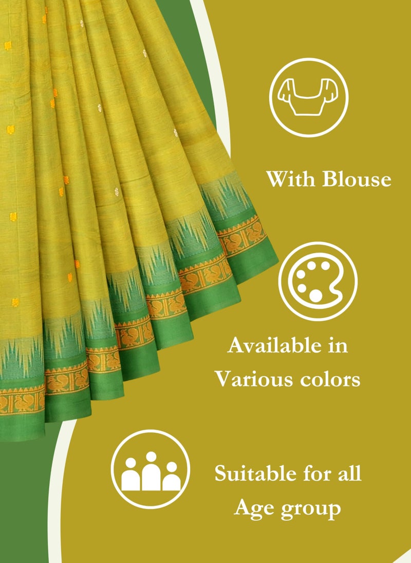NandaVanam Women's Chettinad Cotton Saree with Blouse | Chettinad Cotton Sarees with Peacock Border | Soft, Comfort, Chettinad Pure Cotton Sarees | Handloom Sarees for Women (Greencross) - Image 5