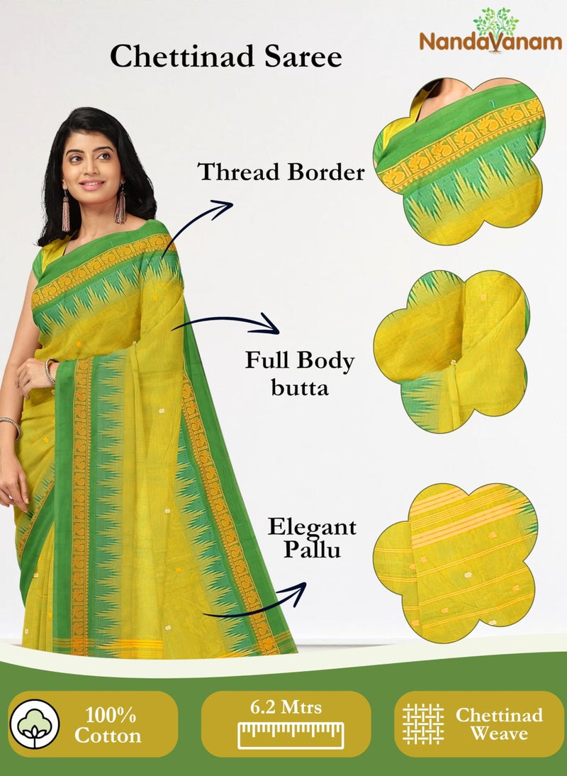 NandaVanam Women's Chettinad Cotton Saree with Blouse | Chettinad Cotton Sarees with Peacock Border | Soft, Comfort, Chettinad Pure Cotton Sarees | Handloom Sarees for Women (Greencross) - Image 2