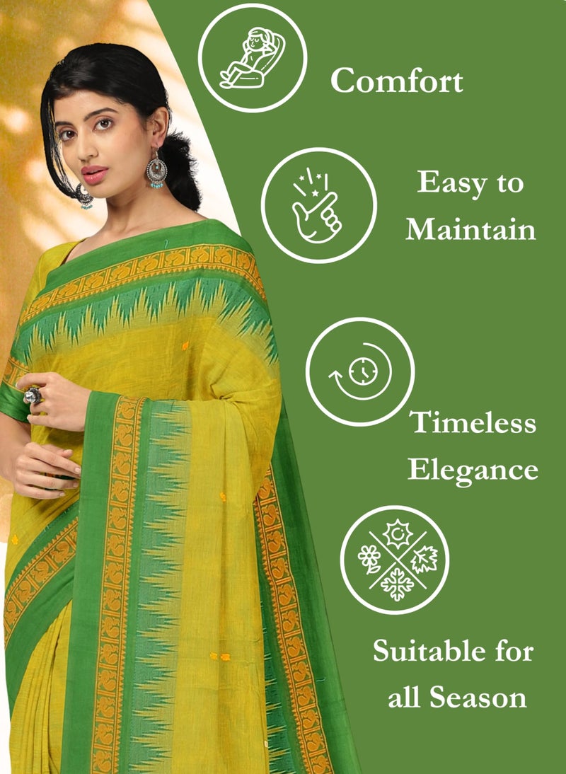 NandaVanam Women's Chettinad Cotton Saree with Blouse | Chettinad Cotton Sarees with Peacock Border | Soft, Comfort, Chettinad Pure Cotton Sarees | Handloom Sarees for Women (Greencross) - Image 4