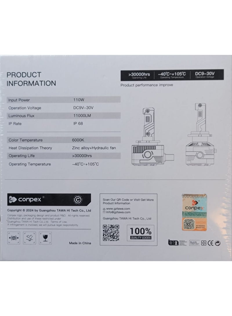 كونبيكس لمبات أمامية LED من كونبيكس W3 – سلسلة عالية الطاقة، ضوء أبيض بدرجة 6000 كلفن، سطوع فائق 11000 لومن، عمر تشغيل 30,000 ساعة، ترقية سهلة التركيب للمصابيح الأمامية للسيارات والدراجات النارية (قطعتان) - Image 2