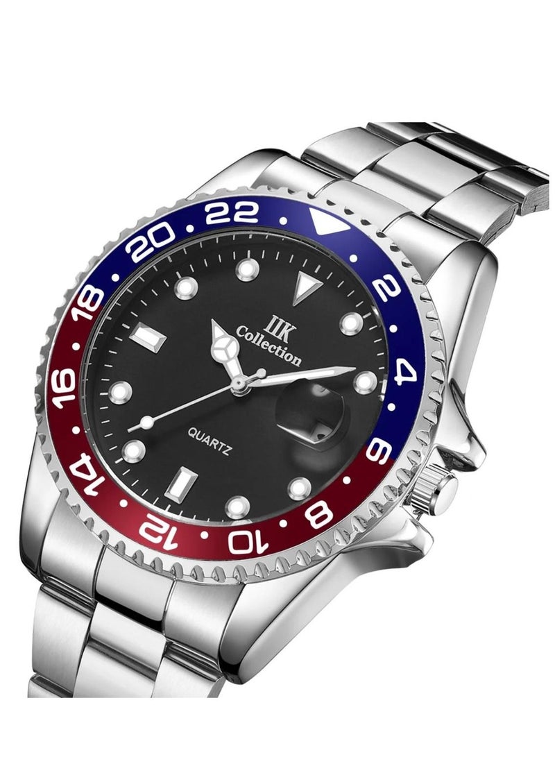 IIK Collection Men's Wrist Watch, Silver Band with Black Dial, Pepsi color model - Image 2