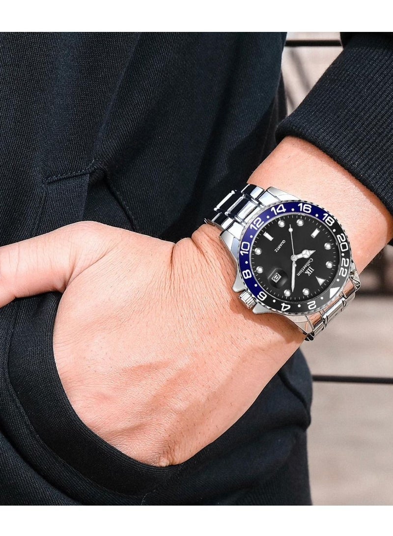 IIK Collection Men's Wrist Watch, Silver Band with Black Dial, Pepsi color model - Image 3