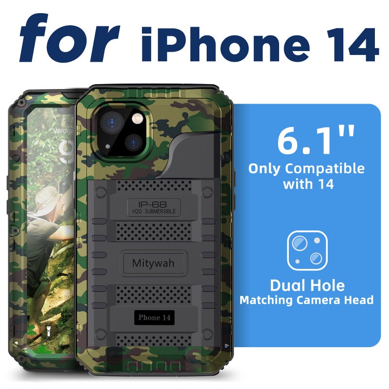 Mitywah Waterproof Case for iPhone 14, Heavy Duty Shockproof Case with Built-in Screen Protector, Full Body Underwater Protective Metal Case 6.1 inch, Camouflage - Image 2