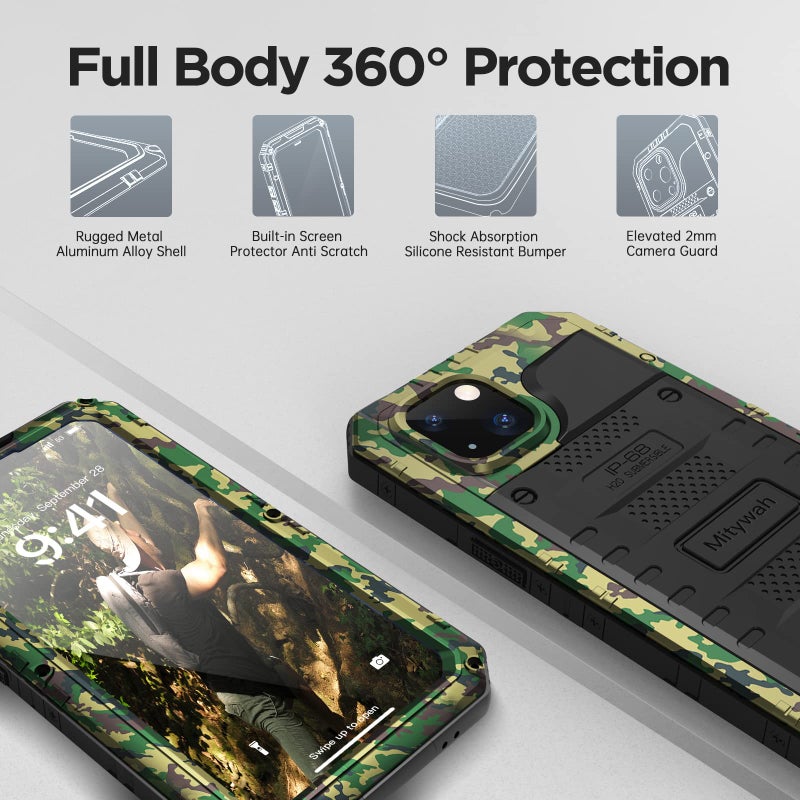 Mitywah Waterproof Case for iPhone 14, Heavy Duty Shockproof Case with Built-in Screen Protector, Full Body Underwater Protective Metal Case 6.1 inch, Camouflage - Image 5