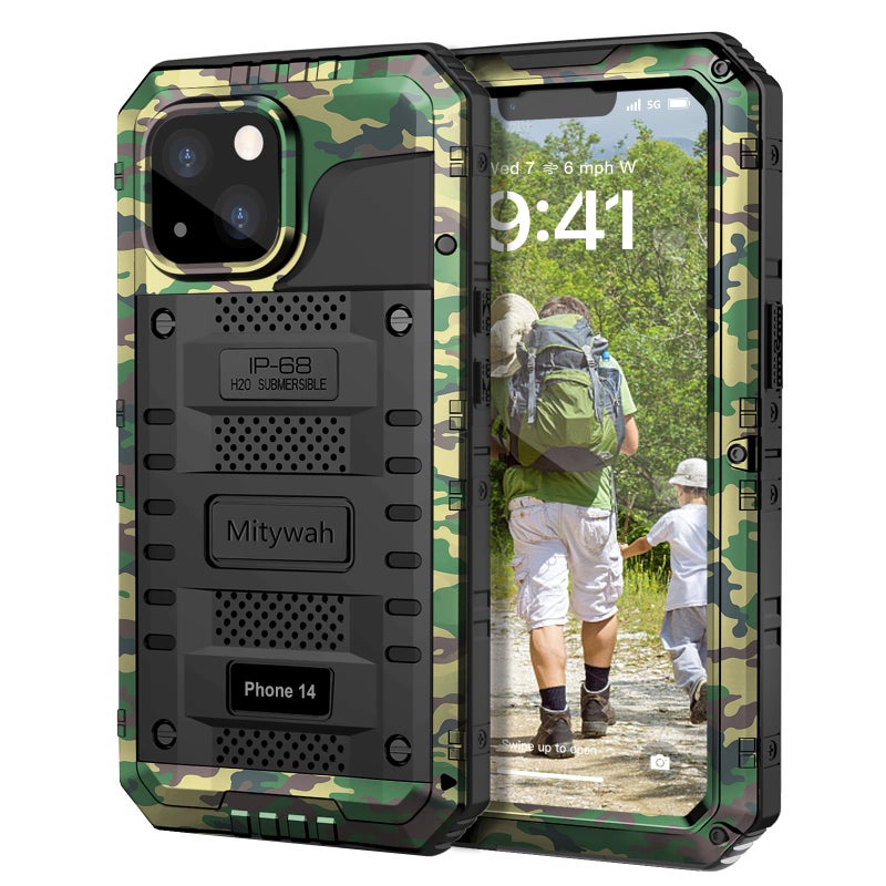 Mitywah Waterproof Case for iPhone 14, Heavy Duty Shockproof Case with Built-in Screen Protector, Full Body Underwater Protective Metal Case 6.1 inch, Camouflage - Image 1