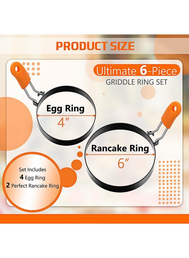 Patelai Patelai 6 Pcs Professional Egg Ring Pancake Ring Set Stainless Steel Fried Egg Molds Griddle Pancake Shapers with Orange Silicone Handle for Breakfast Omelette Sandwich(4, 6 Inch)  - Image 2