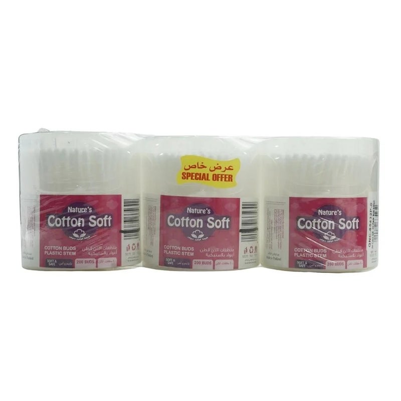 Natures Cotton Soft Cotton Buds Plastic Stem- 3X200pcs