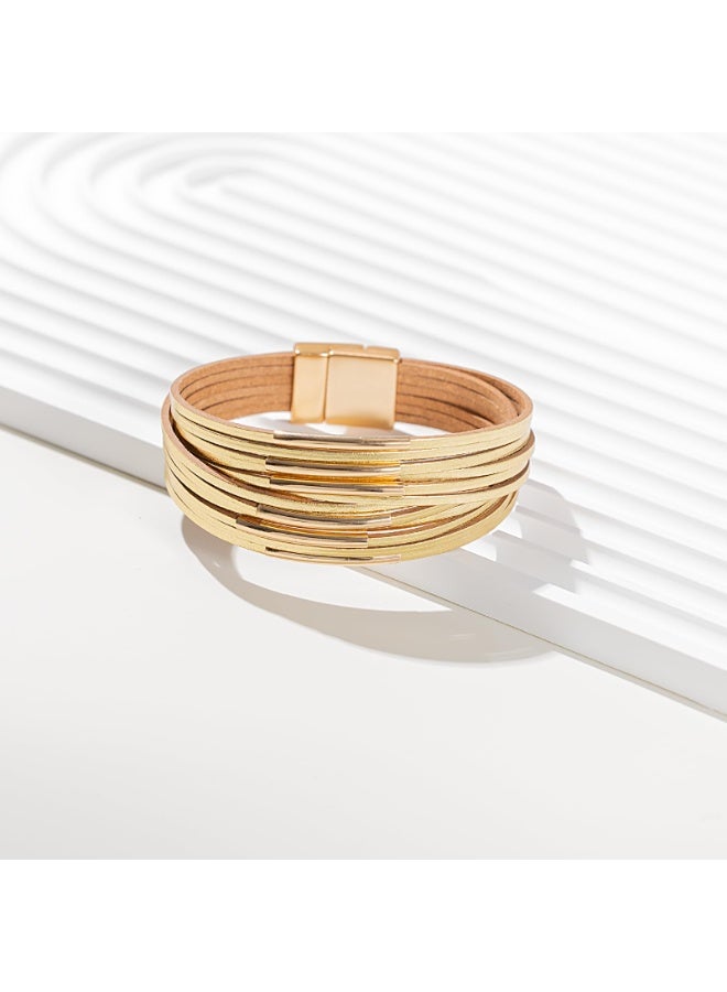 أساور جلدية لامعة فاخرة بتصميم بوهو، أساور أنبوبية قابلة للتكديس، أساور ملفوفة متعددة الطبقات مع مشبك مغناطيسي - Image 5