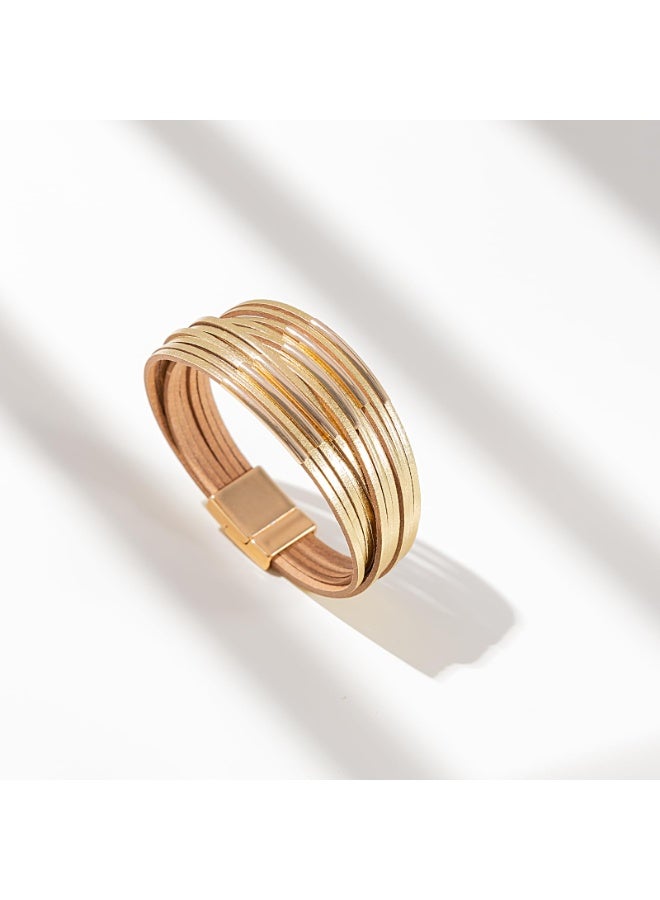 أساور جلدية لامعة فاخرة بتصميم بوهو، أساور أنبوبية قابلة للتكديس، أساور ملفوفة متعددة الطبقات مع مشبك مغناطيسي - Image 4