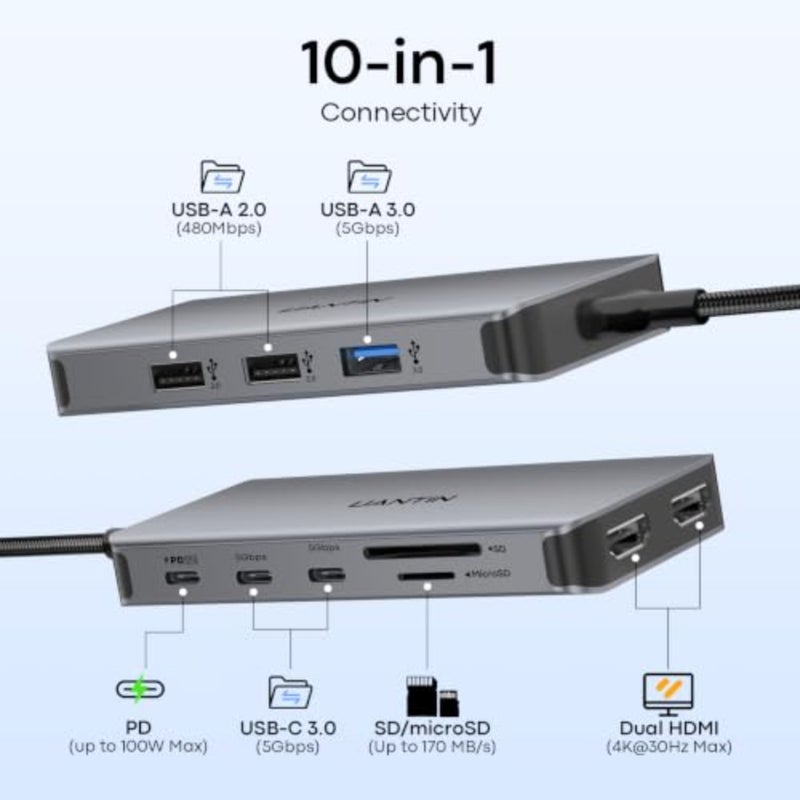USB C Docking Station Dual Monitor for Laptop, 10-in-1 Dual HDMI Hub with 4K HDMI, 5Gbps 2 USB-C, 3 USB-A, 100W PD, SD/TF Card Reader, USBC Multiport Adapter Dongle for Dell, Lenovo, HP, Mac - Image 2