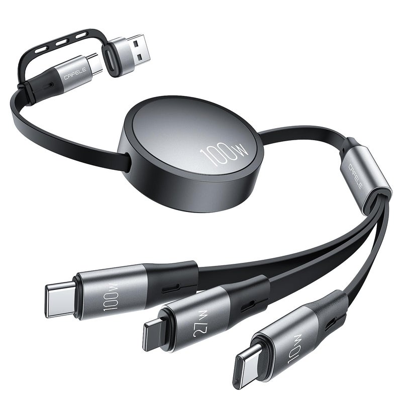 CAFELE Multi Charging Cable 100W Retractable USB C Cable, 6-in-1 Dual Type C and 27W L 5A Fast Charger Cord for Phone 16 15 14, Galaxy S24 S23, MBook, Pad and Multiple Devices (3.6ft) - Image 1