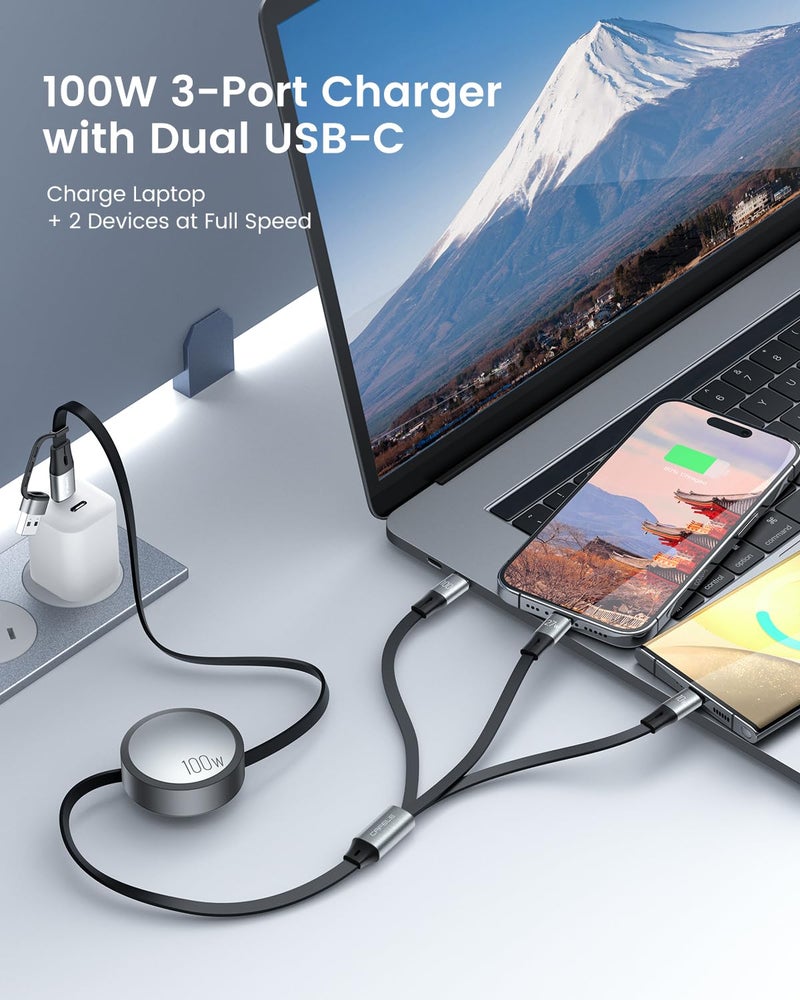 CAFELE Multi Charging Cable 100W Retractable USB C Cable, 6-in-1 Dual Type C and 27W L 5A Fast Charger Cord for Phone 16 15 14, Galaxy S24 S23, MBook, Pad and Multiple Devices (3.6ft) - Image 5