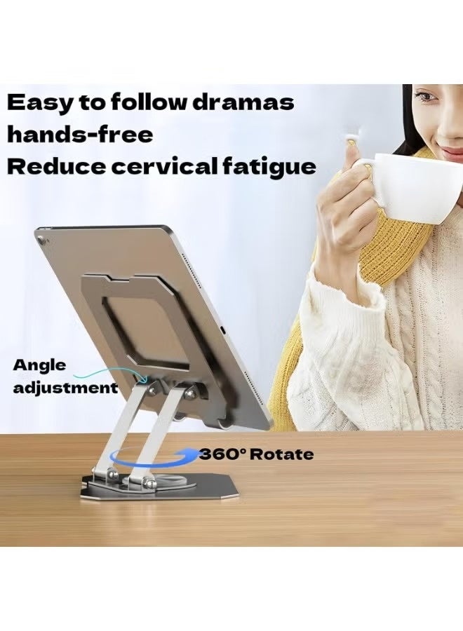 حامل تابلت سطح المكتب، قاعدة دوارة 360 درجة، حامل معدني، قابل للطي، مع ثبات عالي وتحمل قوي للحمل، متوافق مع أجهزة iPad والتابلت والهواتف المحمولة وقارئ الكتب الإلكترونية - Image 2
