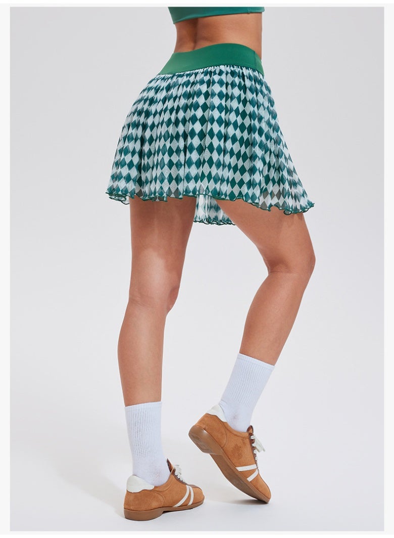 Women's High Waist Mini Skirt Summer Contrast Diamond/Argyle Pattern Sports Skort Anti-light Golf Dance Skirt  - Image 3