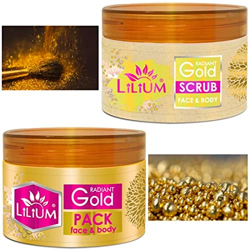 Lilium Gold Scrub & Pack, 250g Each | Enriched With Gold Extract & Aloe Vera Extract | Remove Dead Skin Cells & Blackheads | Give Instant Gold Radiance & Brighten Complexion, Cruelty Free Pack Of 2 - Image 1