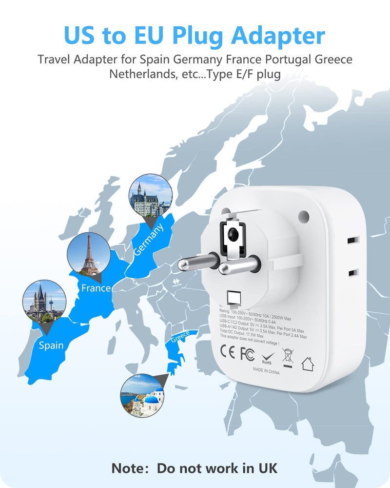 LENCENT Germany France Travel Power Adapter, Schuko Type E F Power Plug Adaptor with 4 USB Ports(2 Type C), 4 Outlet Converter, US to EU Spain French German Greece Norway Iceland South Korea Portugal - Image 2