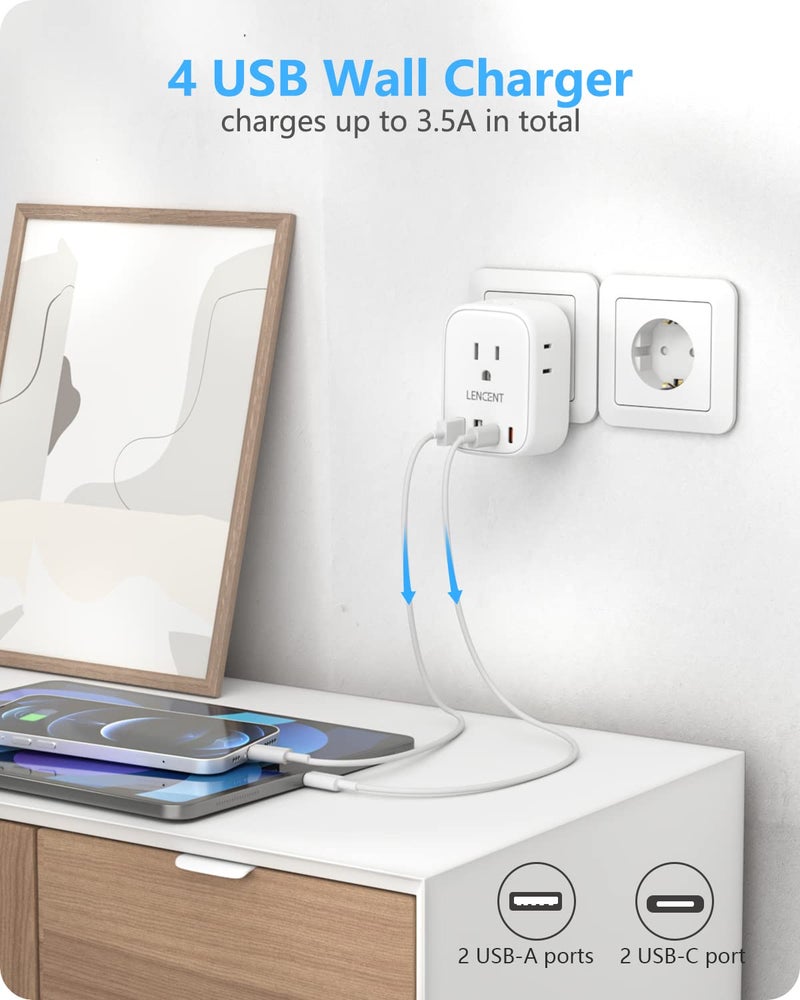 LENCENT Germany France Travel Power Adapter, Schuko Type E F Power Plug Adaptor with 4 USB Ports(2 Type C), 4 Outlet Converter, US to EU Spain French German Greece Norway Iceland South Korea Portugal - Image 4